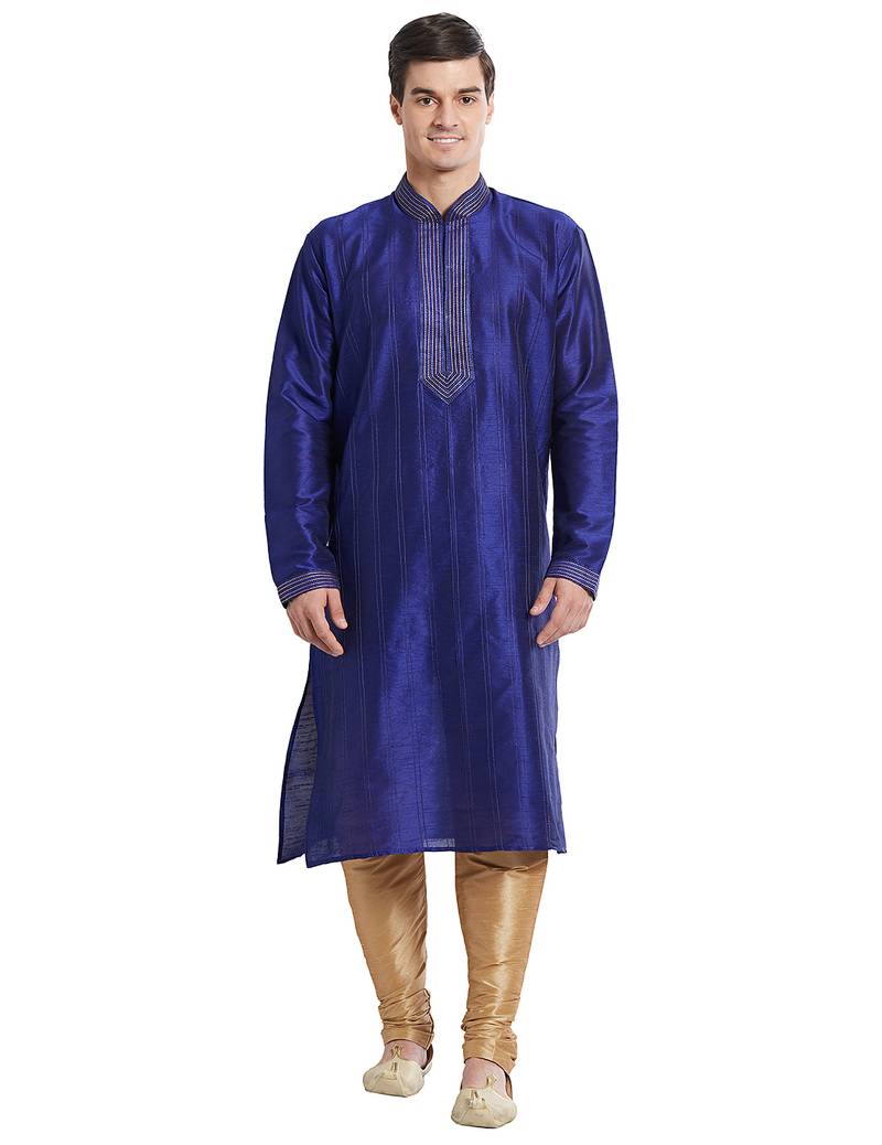 Blue art silk straight stitched kurta for men's