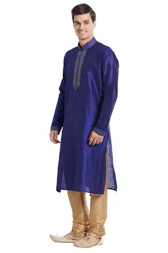 Blue art silk straight stitched kurta for men's