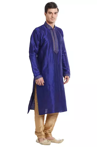 Blue art silk straight stitched kurta for men's