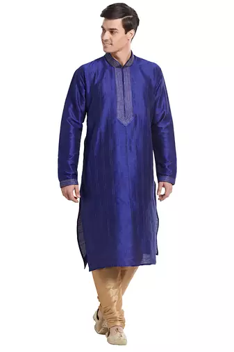 Blue art silk straight stitched kurta for men's