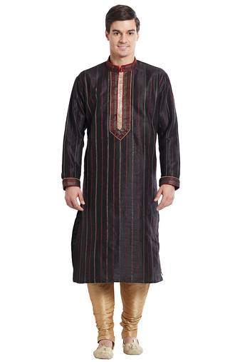 Black art silk straight stitched kurta for men's