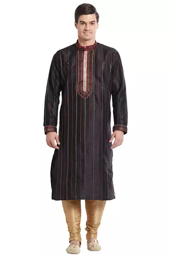 Black art silk straight stitched kurta for men's