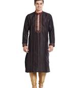 Black art silk straight stitched kurta for men's