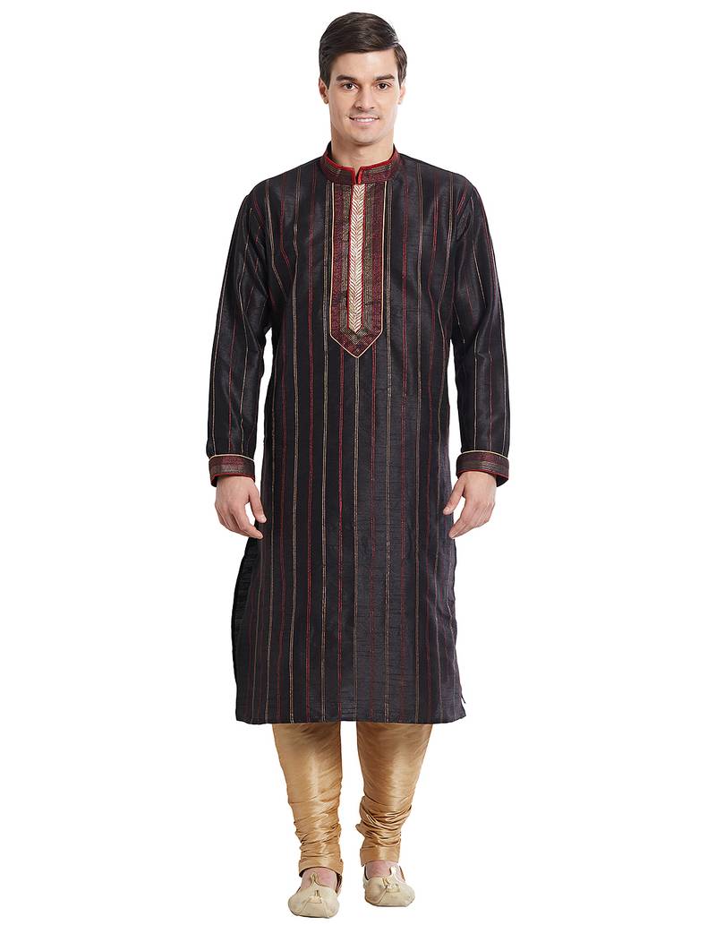 Black art silk straight stitched kurta for men's