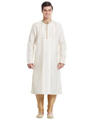 Cream Art silk straight stitched kurta for men's 1