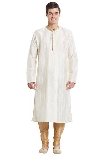 Cream art silk straight stitched kurta for men's