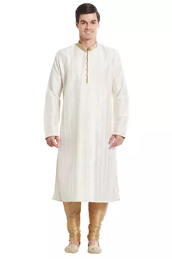Cream art silk straight stitched kurta for men's