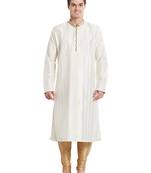 Cream art silk straight stitched kurta for men's