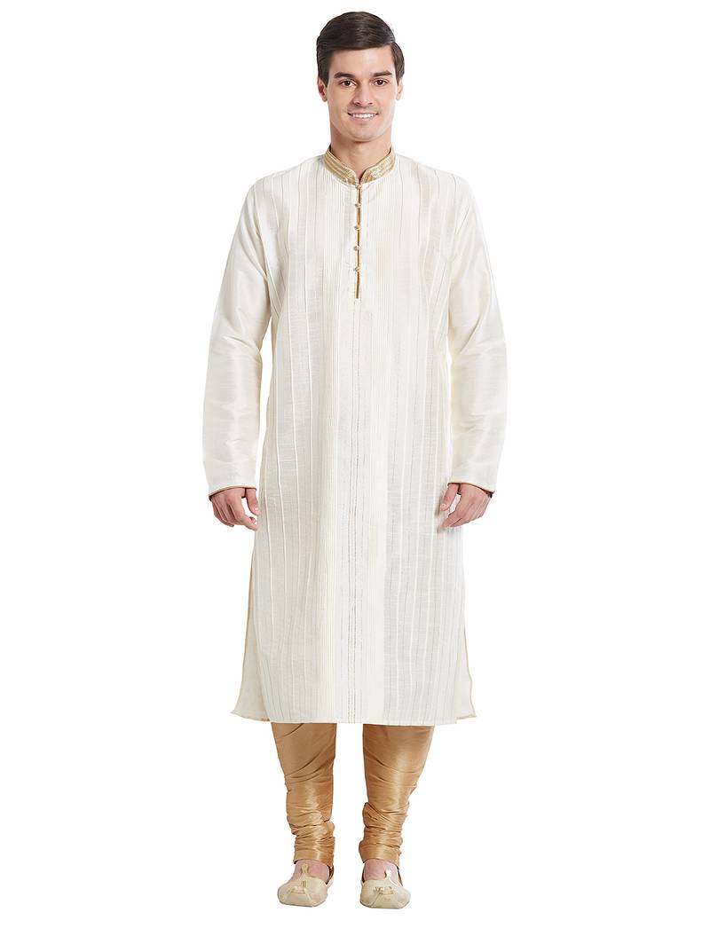 Cream art silk straight stitched kurta for men's