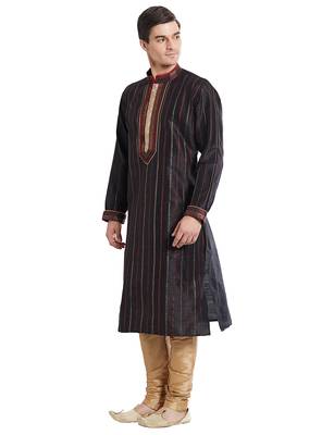 Black Art silk straight stitched kurta for men's 2
