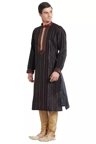 Black art silk straight stitched kurta for men's