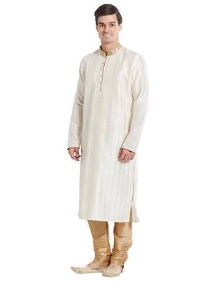 Cream Art silk straight stitched kurta for men's 2