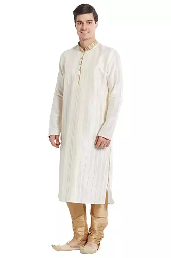 Cream art silk straight stitched kurta for men's