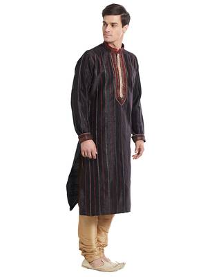 Black Art silk straight stitched kurta for men's 3