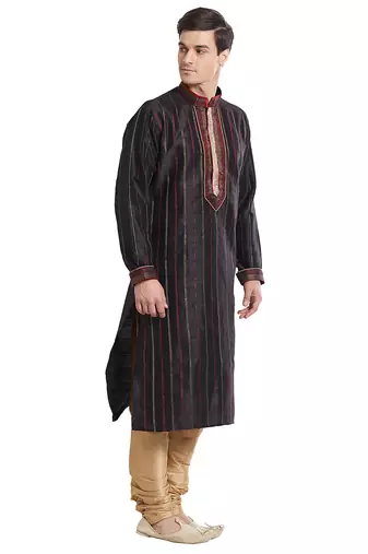 Black art silk straight stitched kurta for men's
