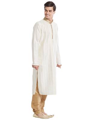Cream Art silk straight stitched kurta for men's 3