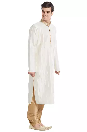 Cream art silk straight stitched kurta for men's