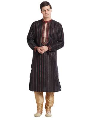 Black Art silk straight stitched kurta for men's 5