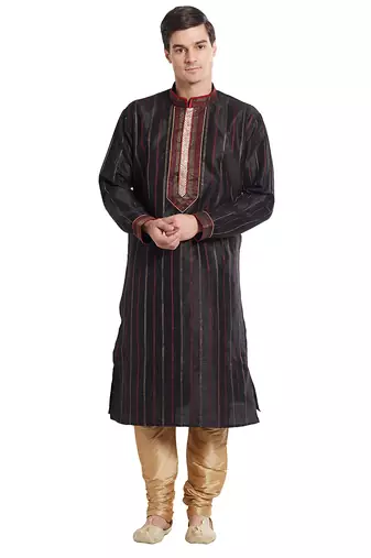 Black art silk straight stitched kurta for men's