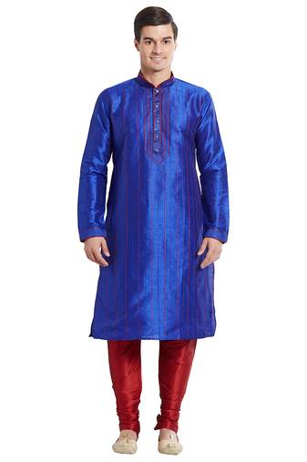Blue art silk straight stitched kurta for men's