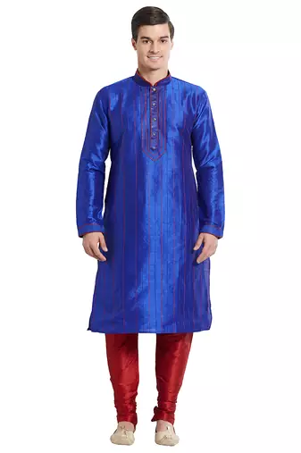 Blue art silk straight stitched kurta for men's
