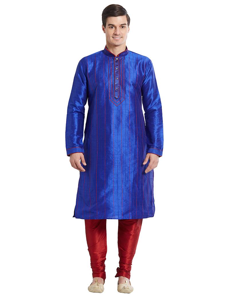 Blue art silk straight stitched kurta for men's
