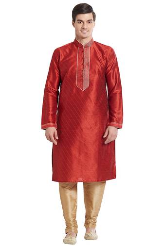 Maroon art silk straight stitched kurta for men's