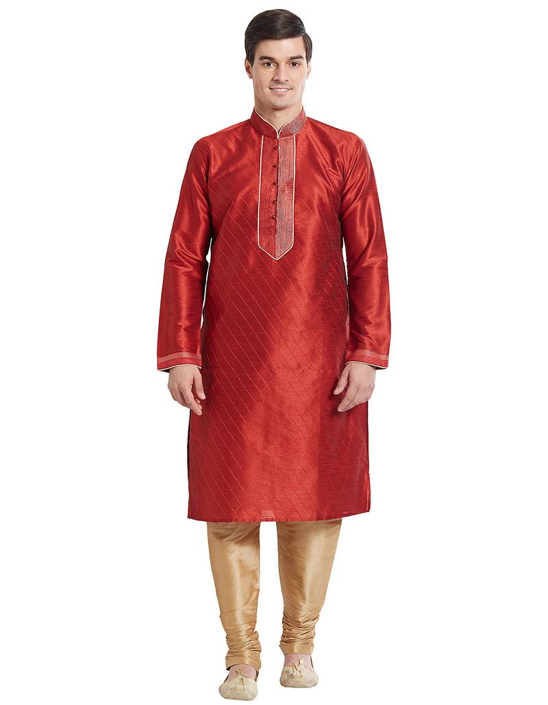 Maroon art silk straight stitched kurta for men's