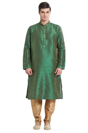 Green art silk straight stitched kurta for men's