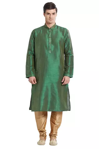 Green art silk straight stitched kurta for men's