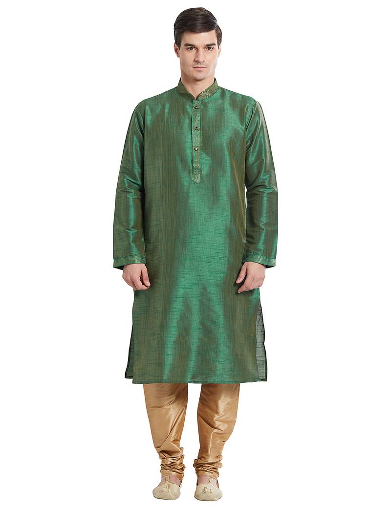 Green art silk straight stitched kurta for men's