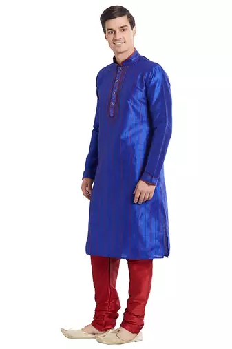 Blue art silk straight stitched kurta for men's