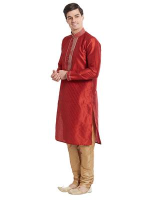 Maroon Art silk straight stitched kurta for men's 2