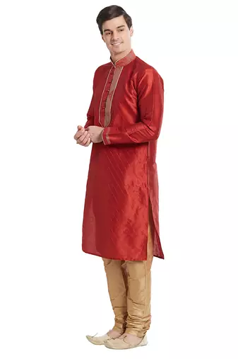 Maroon art silk straight stitched kurta for men's