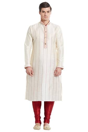 Cream art silk straight stitched kurta for men's