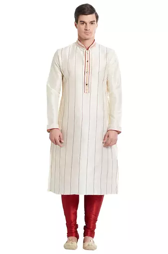 Cream art silk straight stitched kurta for men's