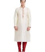 Cream art silk straight stitched kurta for men's