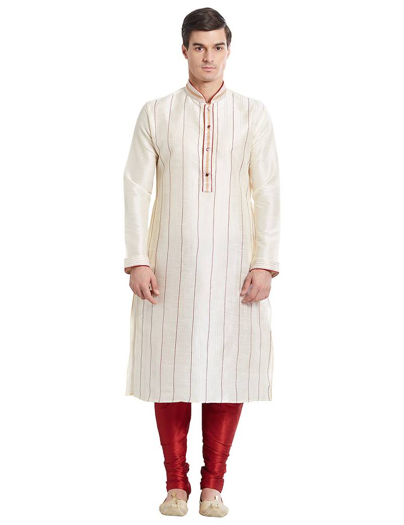 Cream art silk straight stitched kurta for men's