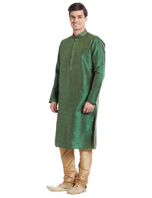 Green Art silk straight stitched kurta for men's 2