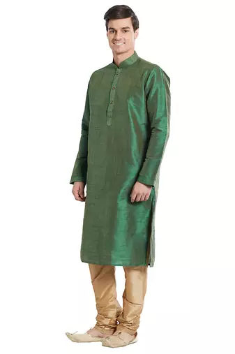 Green art silk straight stitched kurta for men's