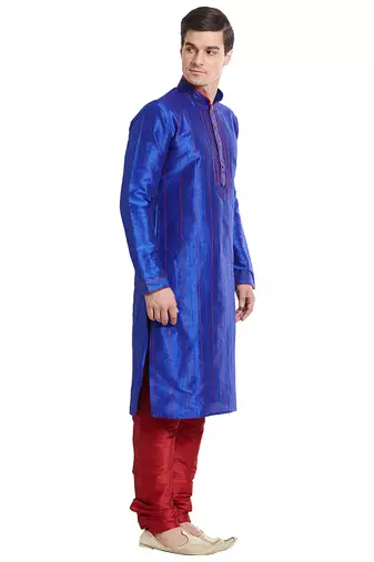 Blue art silk straight stitched kurta for men's