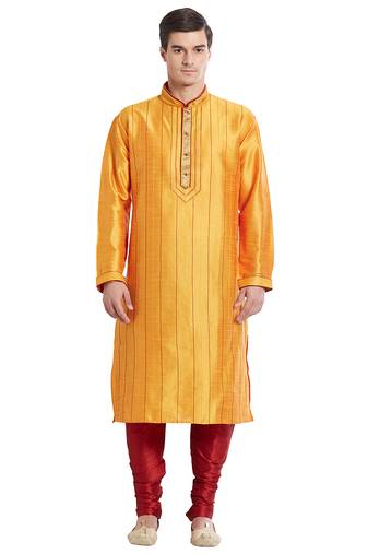 Yellow art silk straight stitched kurta for men's