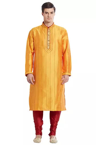 Yellow art silk straight stitched kurta for men's