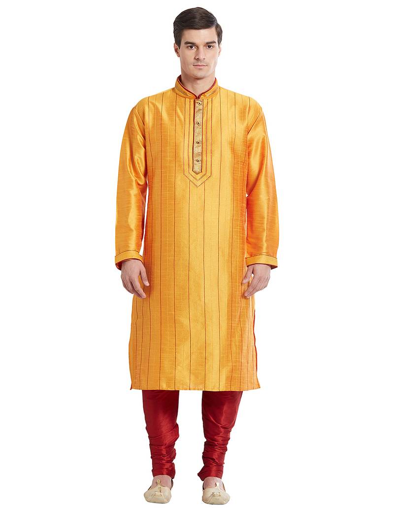 Yellow art silk straight stitched kurta for men's