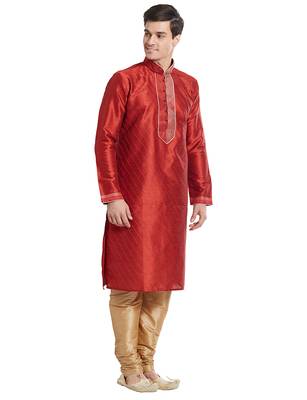 Maroon Art silk straight stitched kurta for men's 3