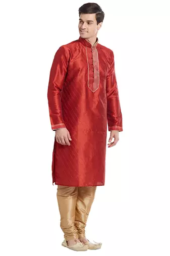 Maroon art silk straight stitched kurta for men's