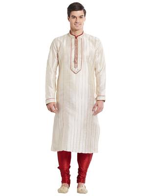 Cream Art silk straight stitched kurta for men's 1
