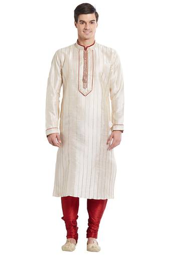 Cream art silk straight stitched kurta for men's