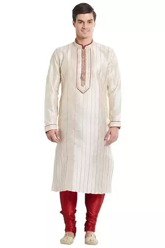 Cream art silk straight stitched kurta for men's
