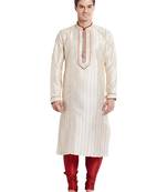 Cream art silk straight stitched kurta for men's